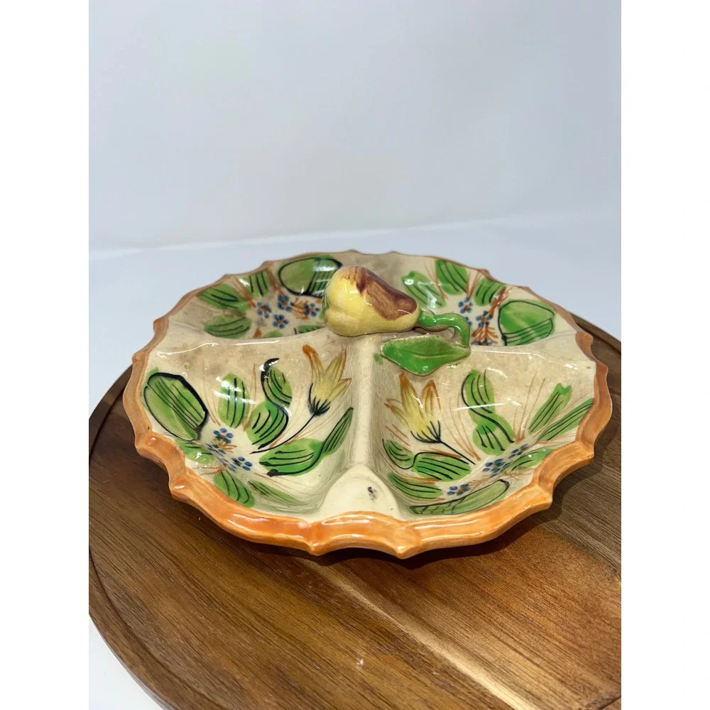 Vintage‎ Italian Style Majolica Ceramic Divided Serving Dish Floral Pear Handle
